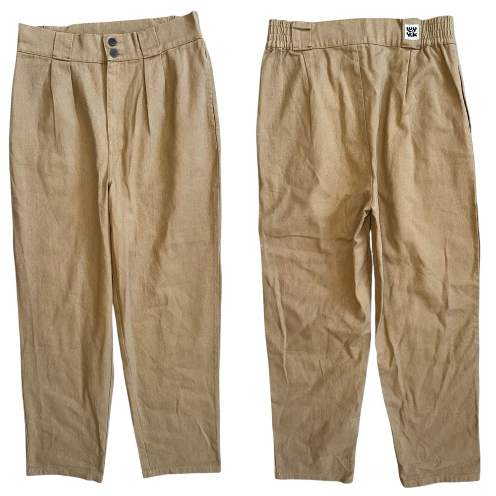 Lucy & Yak Tan Pleated Front Organic Cotton Elastic Back Trousers Size 32